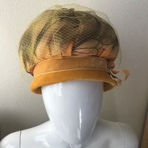 Vintage Veil and Feather Hat with Velvet Trim